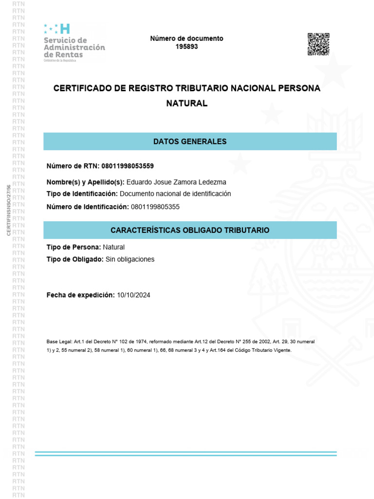 Certificado RTN Persona Natural 2024 | PDF