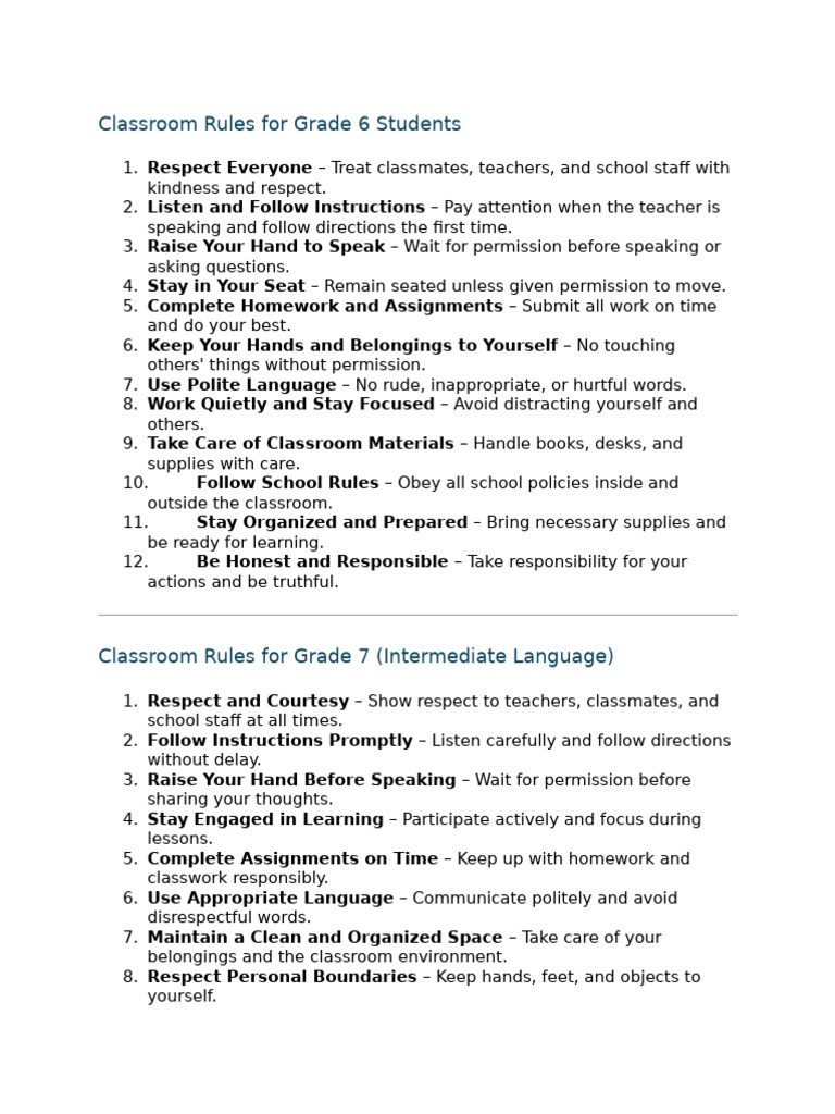 Essential Classroom Rules for Grades 6-8 | PDF | Classroom | Disciplines