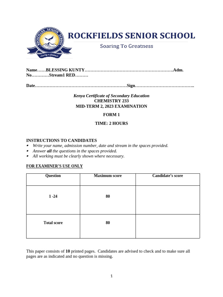 Form 1 Chemistry Mid-Term Exam 2023 | PDF | Chemical Substances ...