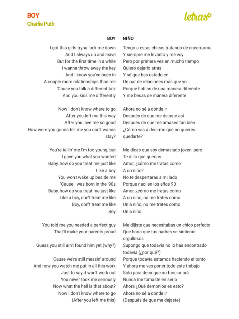 BOY (TRADUCCIÓN) - Charlie Puth (Impresión) | PDF | Grabación de sonido ...
