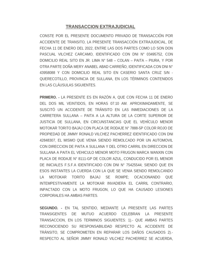 Acuerdo de Transacción por Accidente | PDF