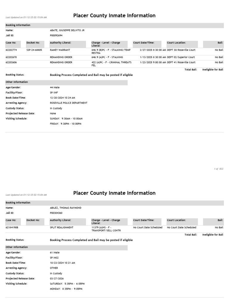 Placer County Inmate Booking Details PDF Arrest Bail
