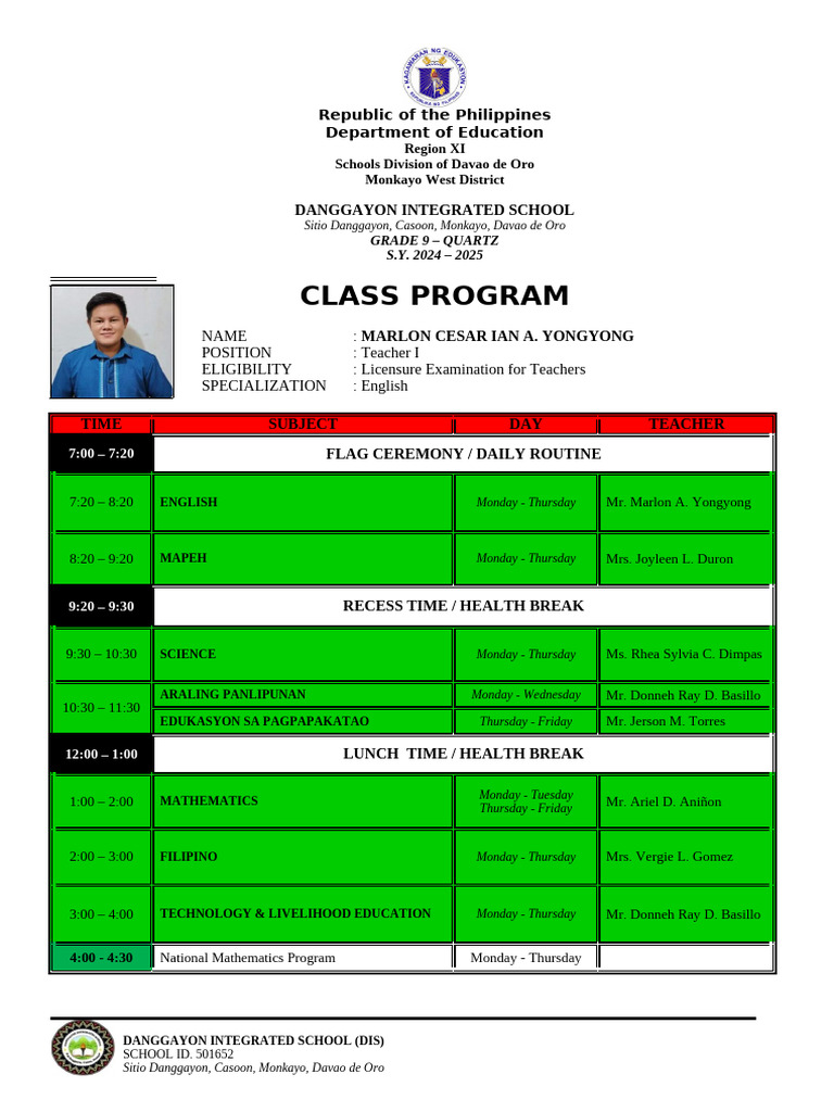 Grade 9 Class Schedule 2024-2025 | PDF | Philippines