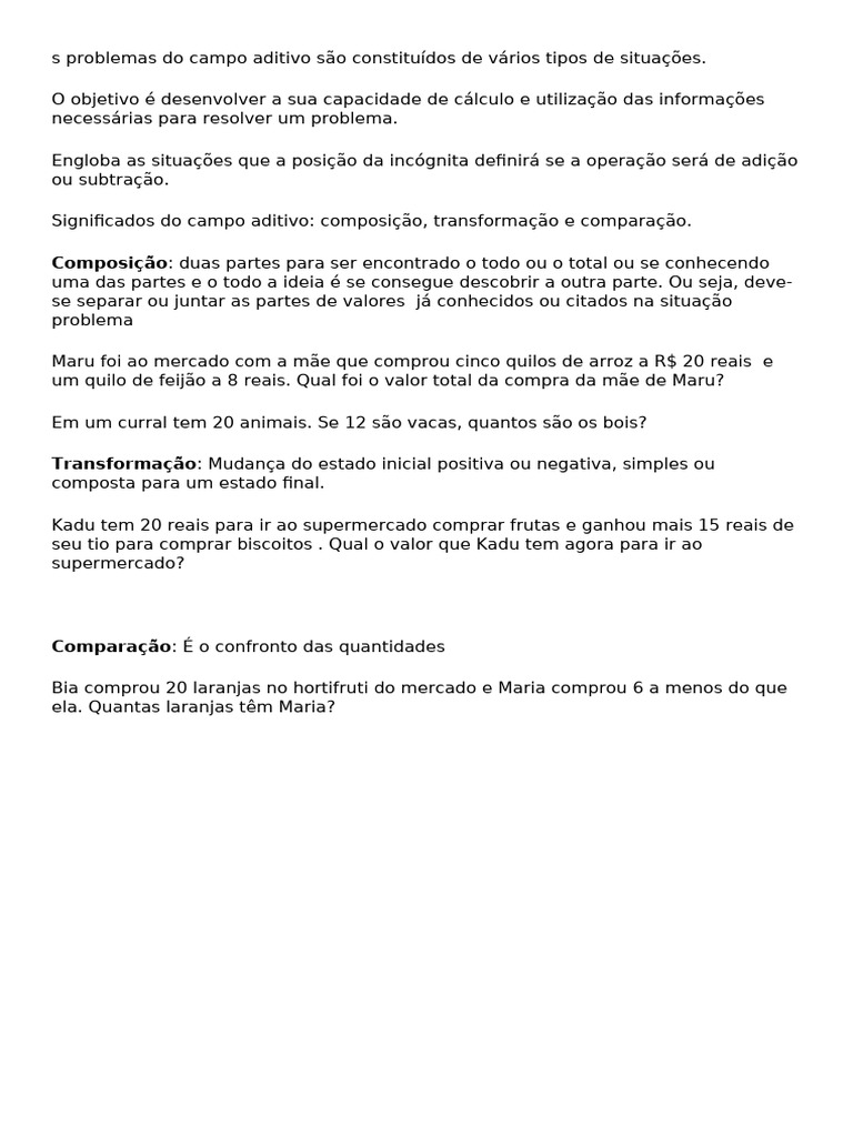 Problemas de Campo Aditivo: Exemplos e Soluções | PDF