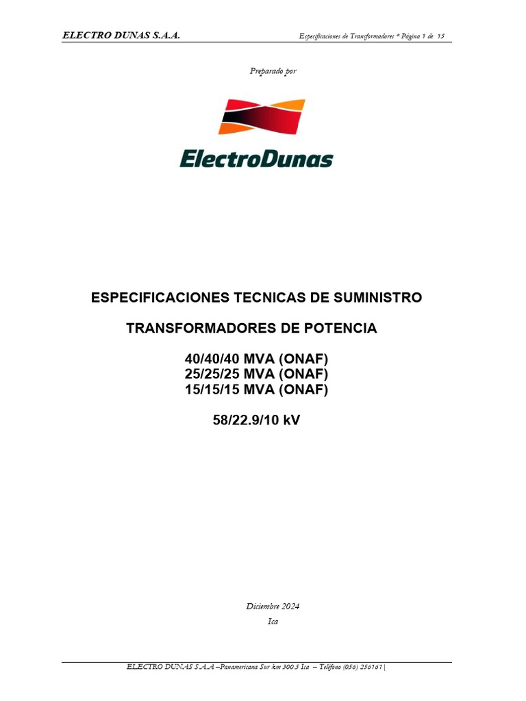 Especificaciones Técnicas Transformadores MVA | PDF | Transformador ...