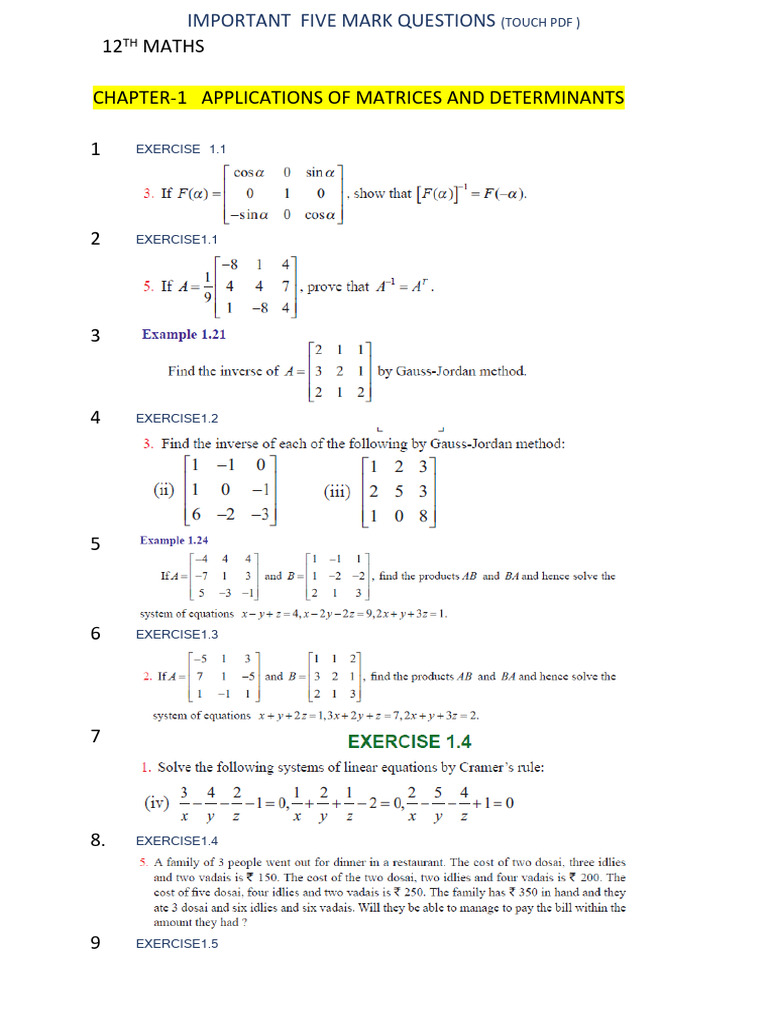 12TH Qly Important Five Marks CH 1-6 Touch PDF | PDF