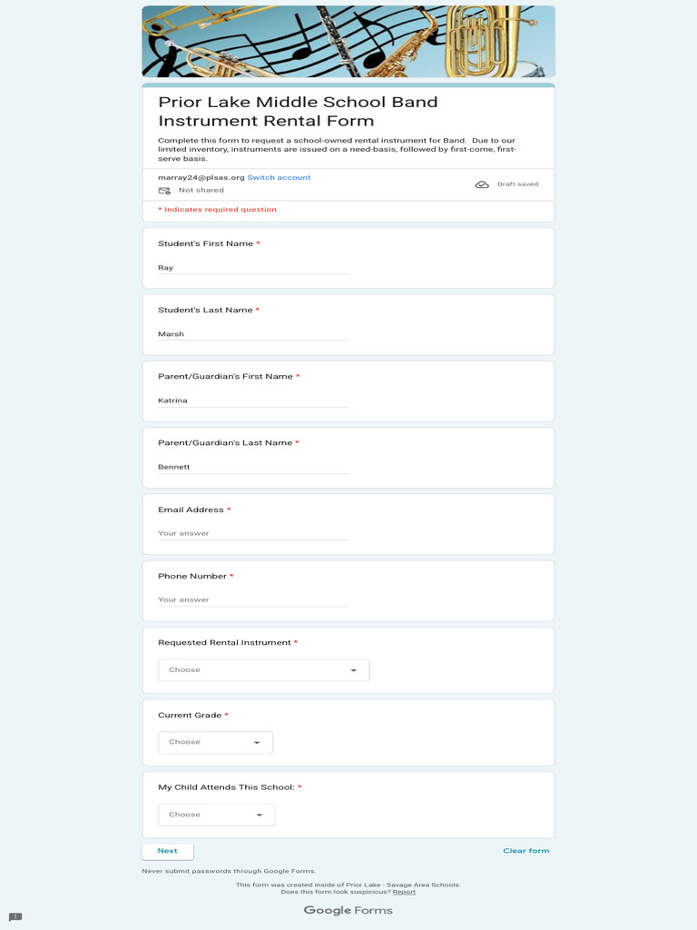 Prior Lake Band Instrument Rental Form | PDF