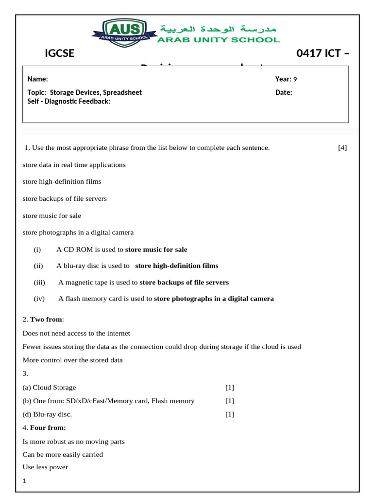 Revision_CT2_9ICT-Storage Devices-Answer Key | PDF