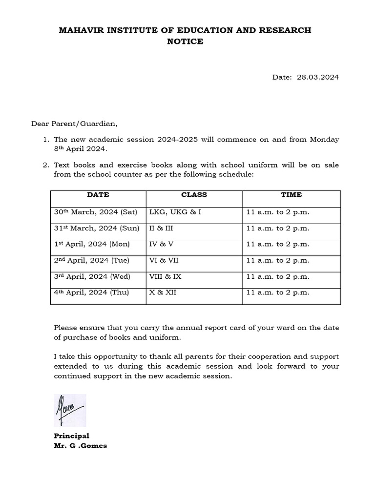2024-2025 Academic Session Notice | PDF