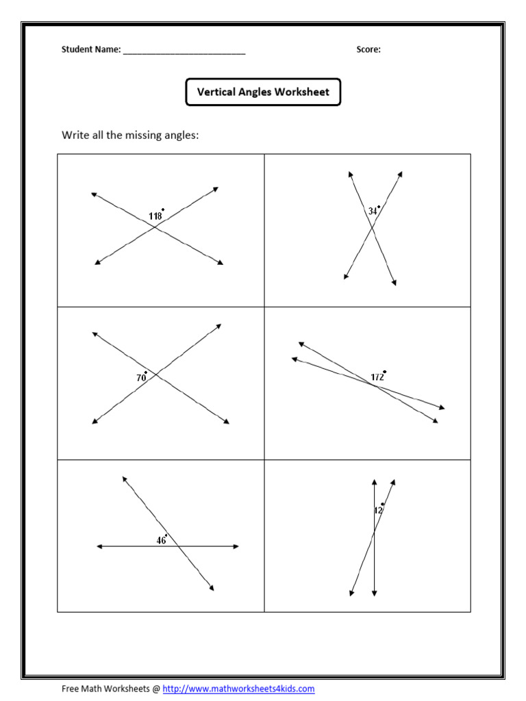 Vertical Angles Worksheet for Students | PDF