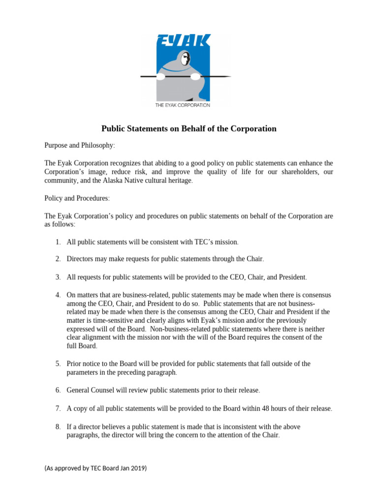 Eyak Corporation Public Statement Policy | PDF