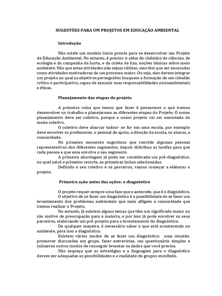Sugestões para Projetos de Educação Ambiental | PDF | Tempo | Planejamento