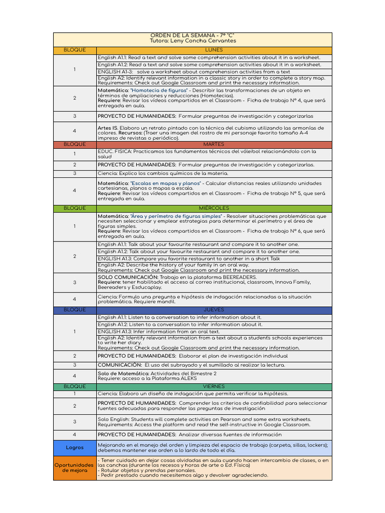 Orden de La Semana - Del 27 Al 31 de Mayo - 7C - 1 - 122943334 | PDF ...