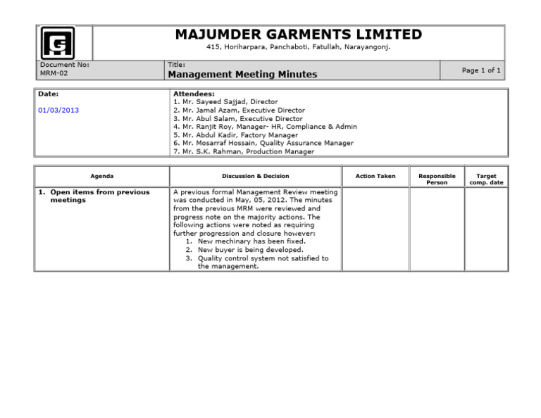 Majumder Garments Management Meeting Minutes | PDF