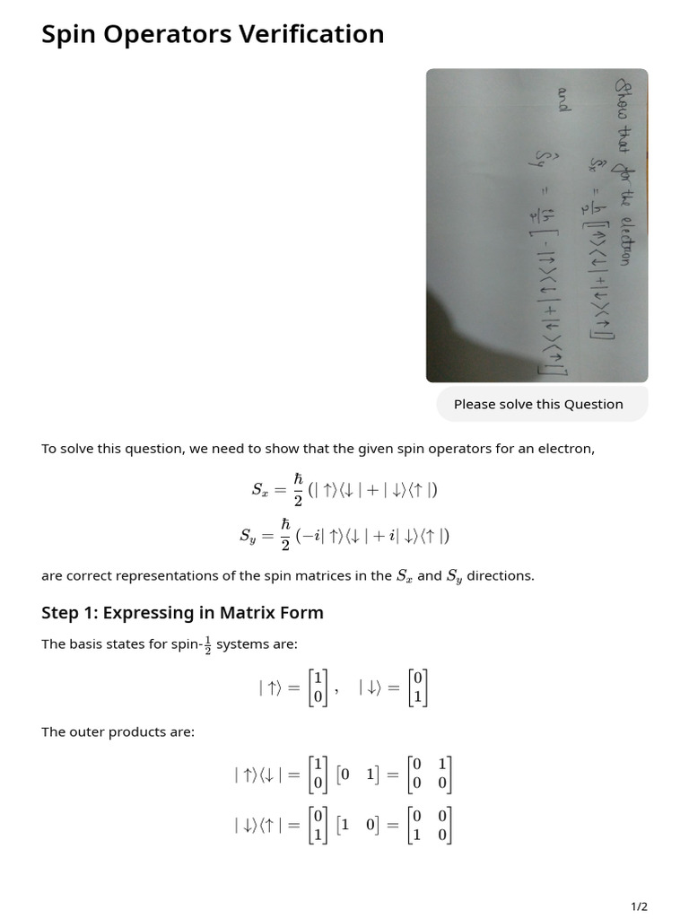 Spin Operators Matrix Verification | PDF | Spin (Physics) | Theoretical ...