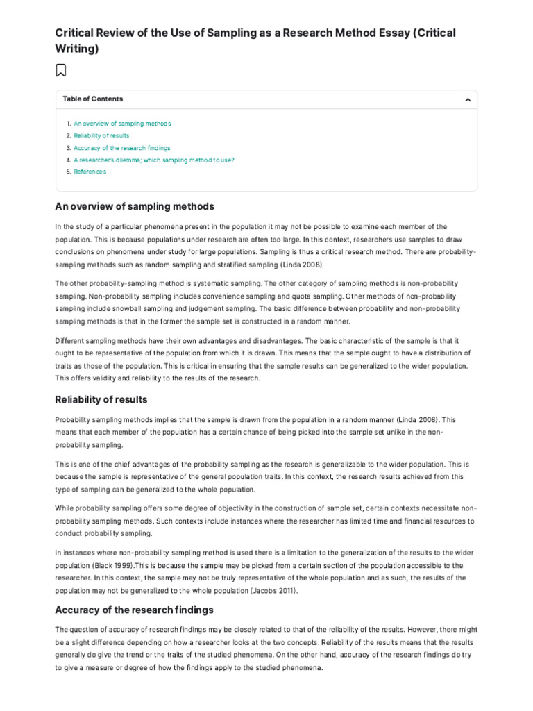 Critical Review Of The Use Of Sampling As A Research Method 819 Words