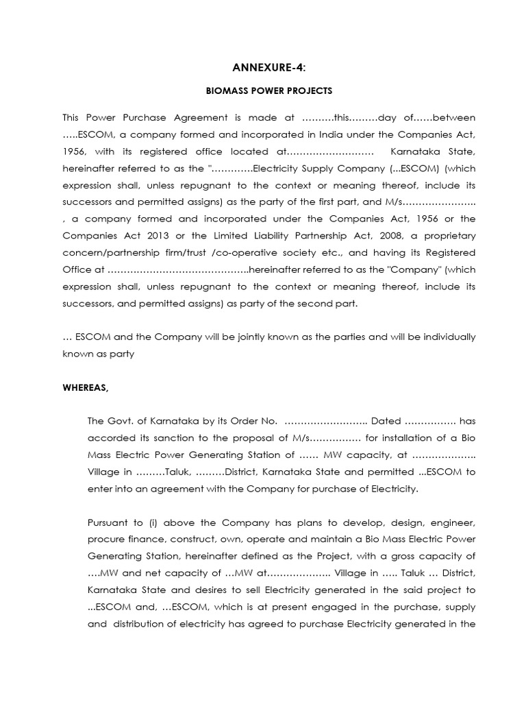 Biomass Power Purchase Agreement Karnataka | PDF | Electrical Grid ...