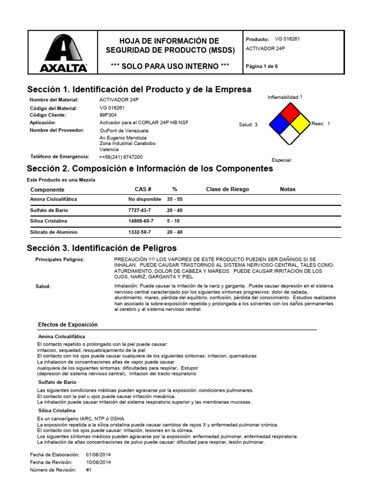 MSDS Activador 24P (99P304) | PDF | Pulmón | Aluminio