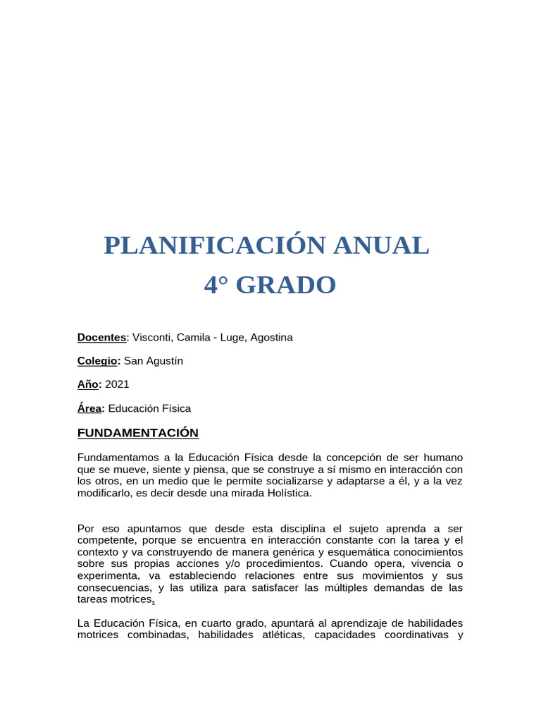 Planificación Anual Educación Física 4° Grado | PDF | Evaluación ...