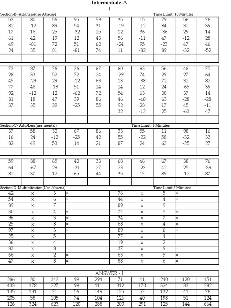 Abacus Practice Sheets Level 1