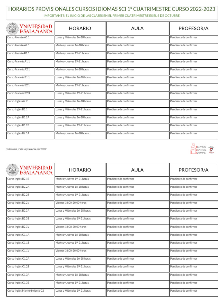 Horarios Cursos de Idiomas 2022-2023 | PDF