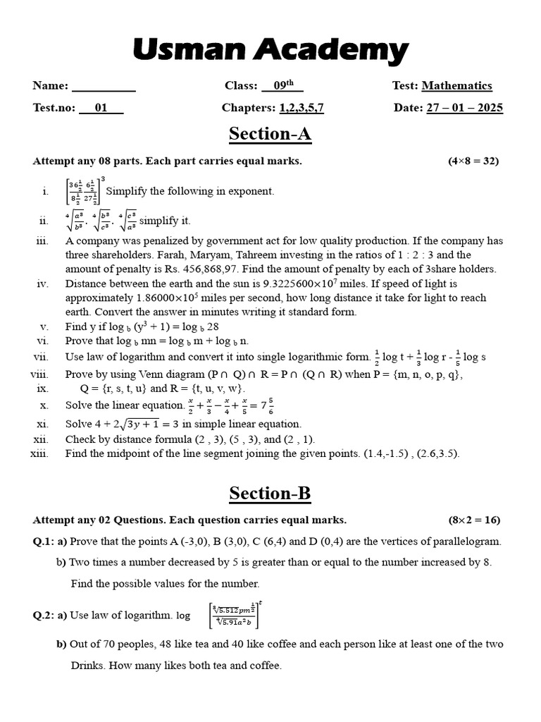 Math Class 9 Ex 11.1