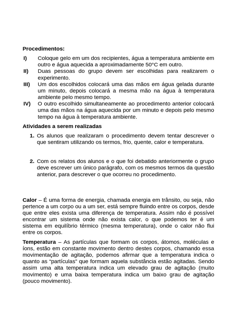 Experimento sobre Calor e Temperatura | PDF | Temperatura | Calor