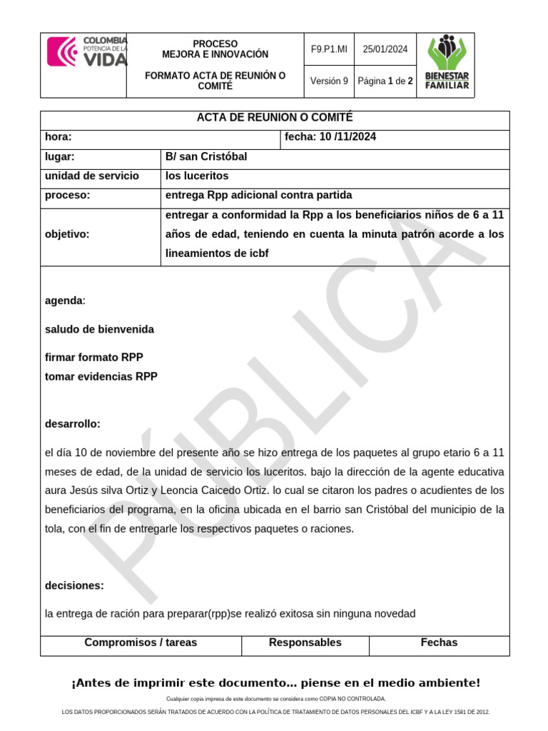 Acta de Entrega de Raciones ICBF | PDF