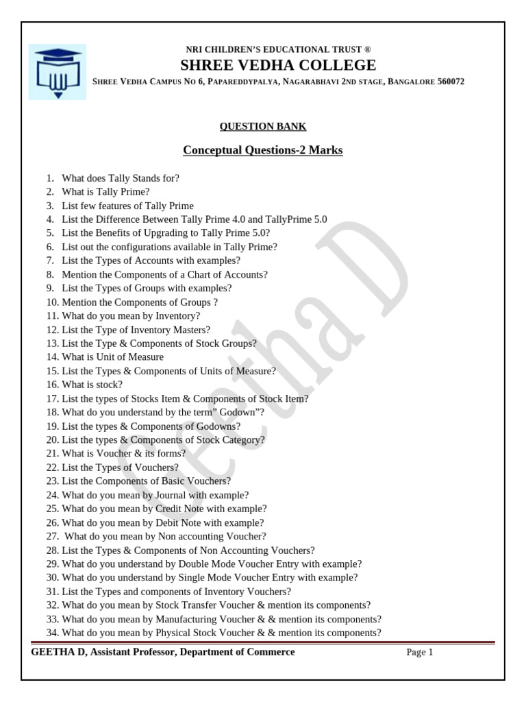 Question Bank - Tally Prime | PDF | Voucher | Invoice