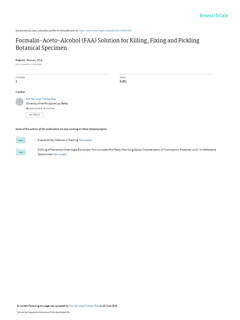 FAA Solution for Botanical Specimen Preservation | PDF | Fixation ...