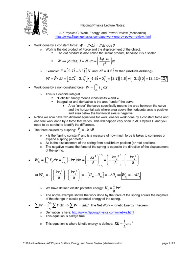 0196 Lecture Notes - Ap Physics C - Work Energy and Power Review ...