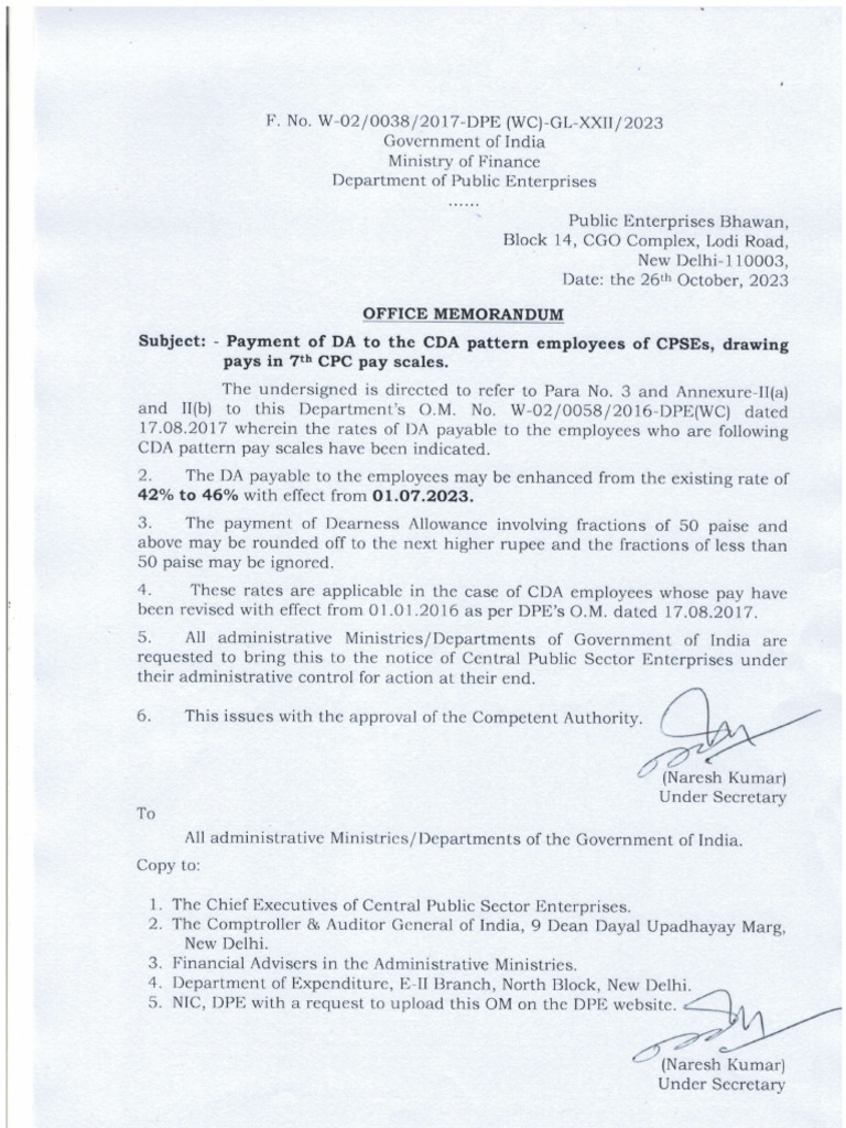 DA Rate Increase for CDA Employees | PDF