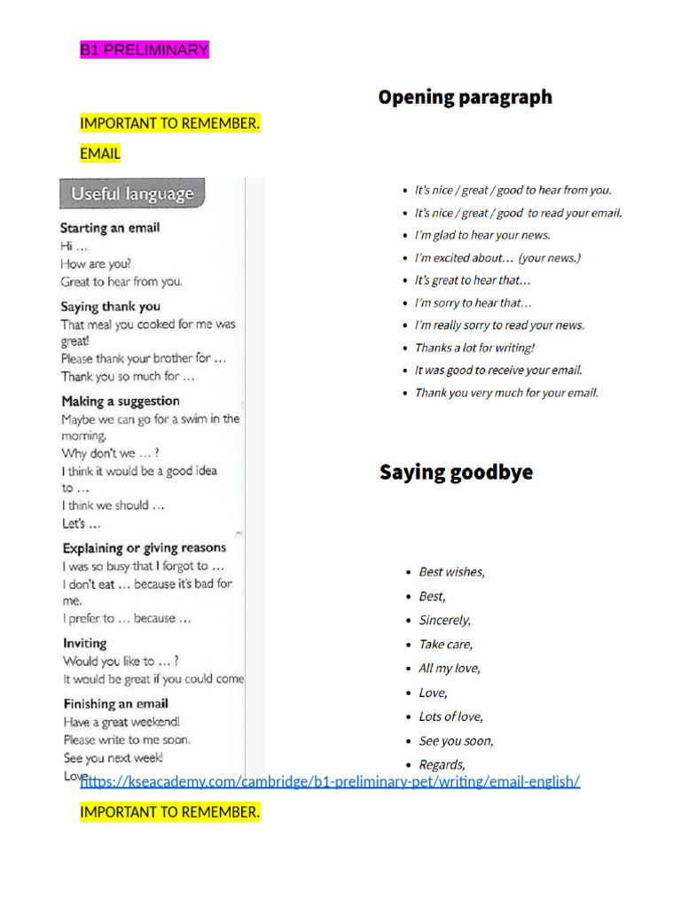 Important To Remember B1 Preliminary Writing | PDF