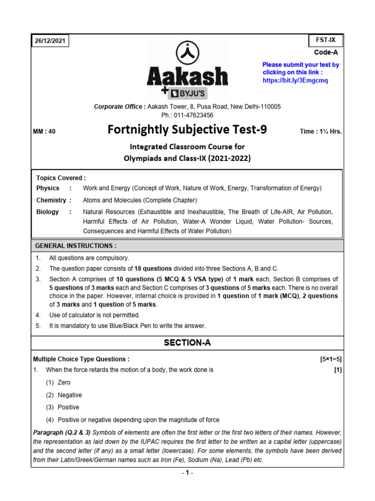Class IX Science Test 9 - Olympiads | PDF | Chloride | Materials