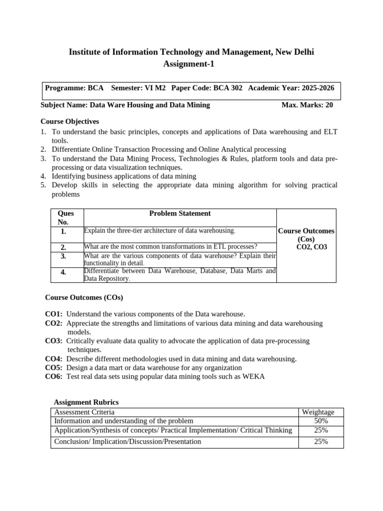 DWDM Assignment 1 VI M2 | PDF | Data Warehouse | Data