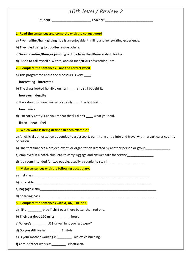 English Language Review Worksheet Pdf