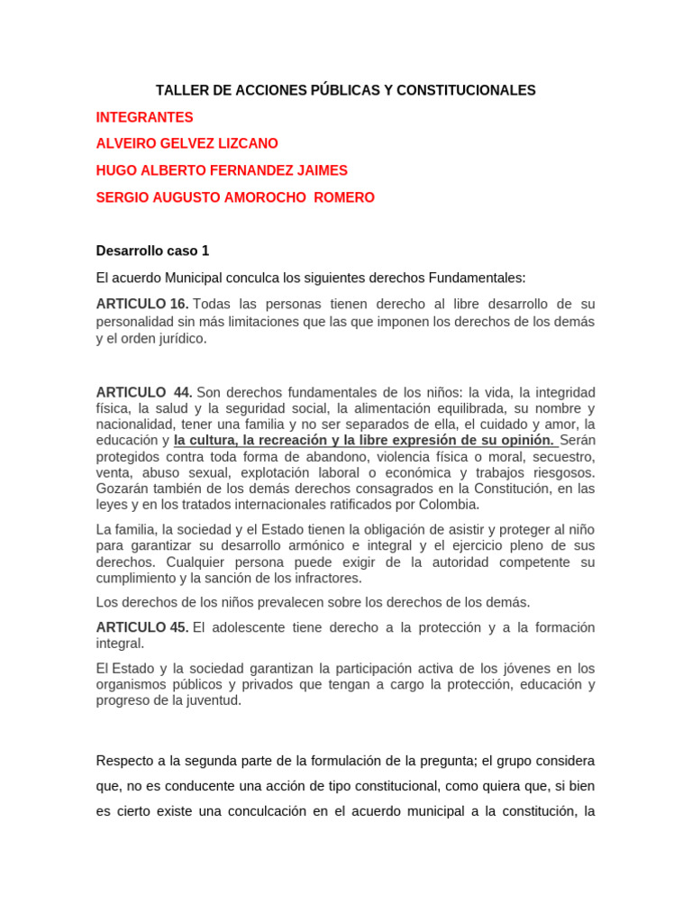 Taller sobre Acciones Constitucionales en Colombia | PDF | Derechos ...