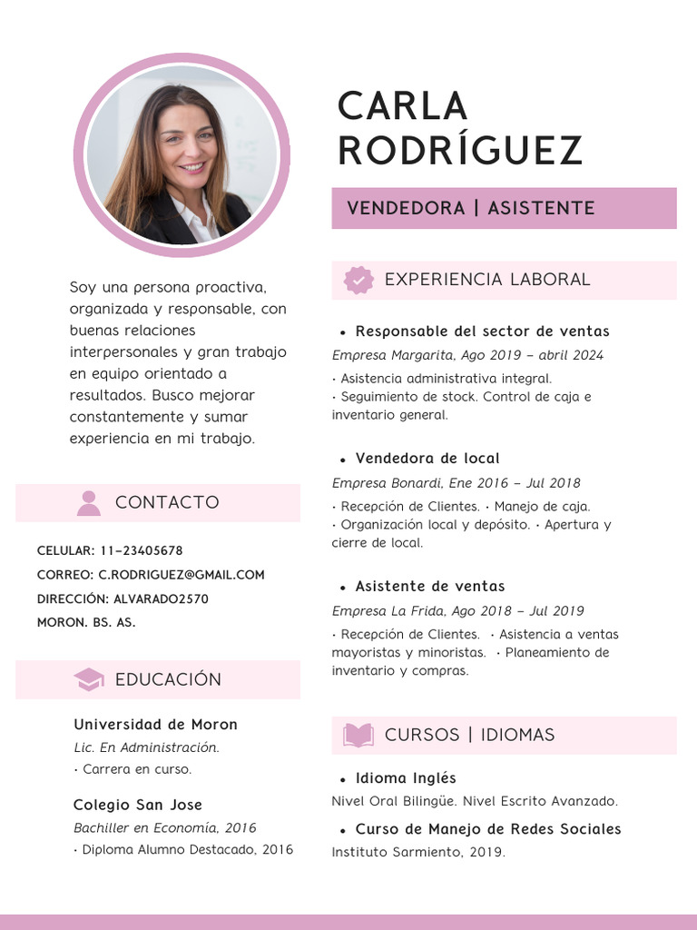 Curriculum Vitae CV de Mujer Profesional Vendedora Moderno Rosa ...
