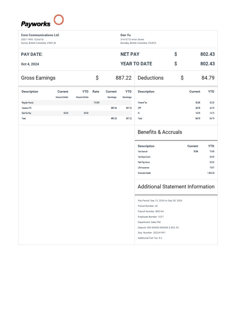 PayStatement-Oct 4 2024 | PDF | Payroll | Employment Compensation