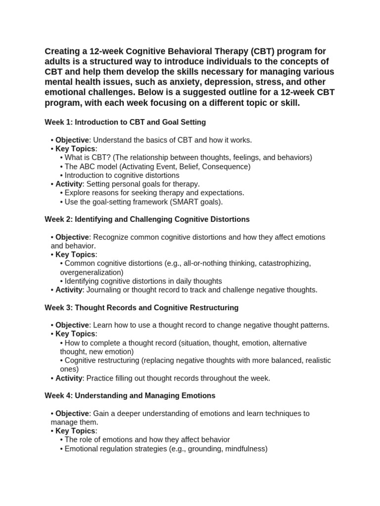 12-Week CBT Program Outline | PDF | Cognitive Therapy | Cognitive ...