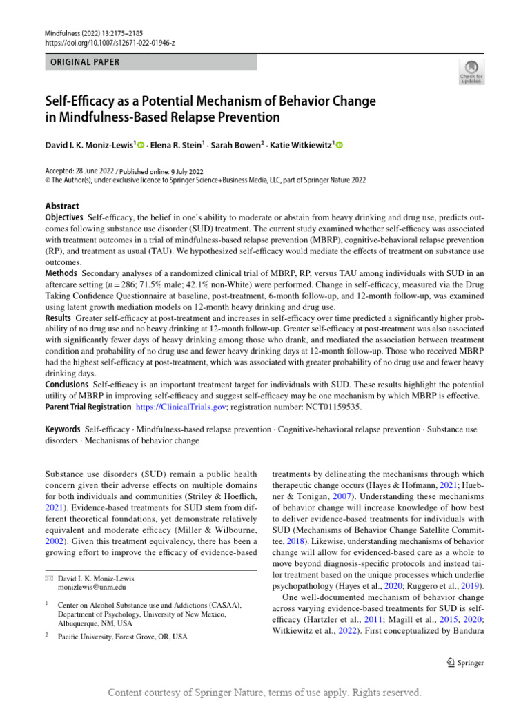 Self-Efficacy in Mindfulness Relapse Prevention | PDF | Self Efficacy ...