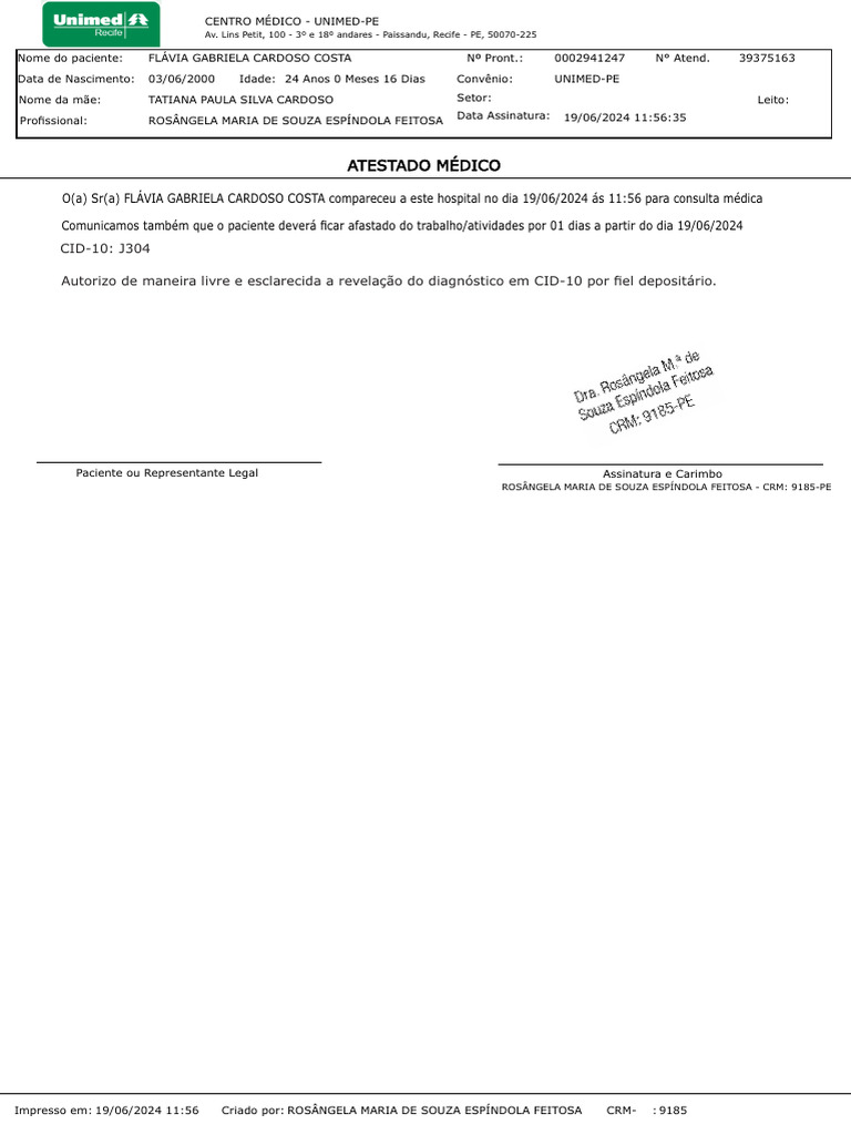 Atestado Médico Unimed - CID J304 | PDF