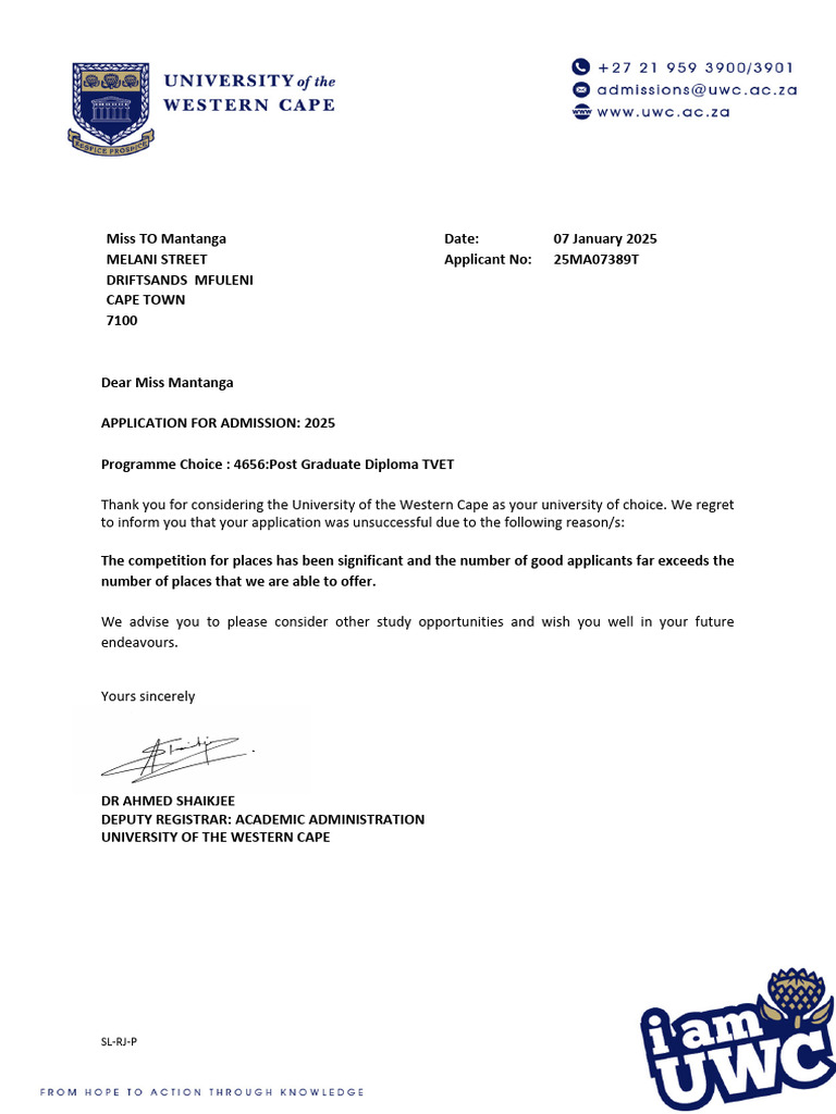 Application Rejection Notification 2025 | PDF