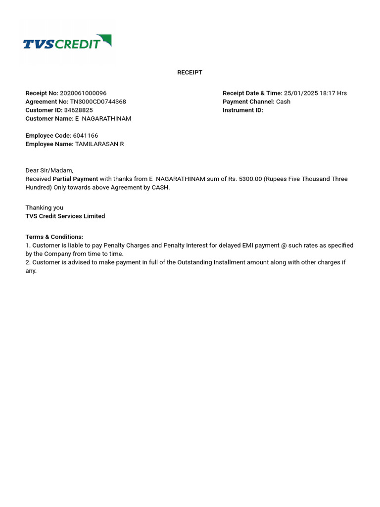 TVS Credit Partial Payment Receipt | PDF