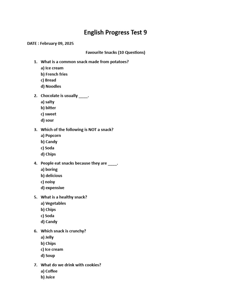 English Progress Test 9 New | PDF | Potato Chip | Green