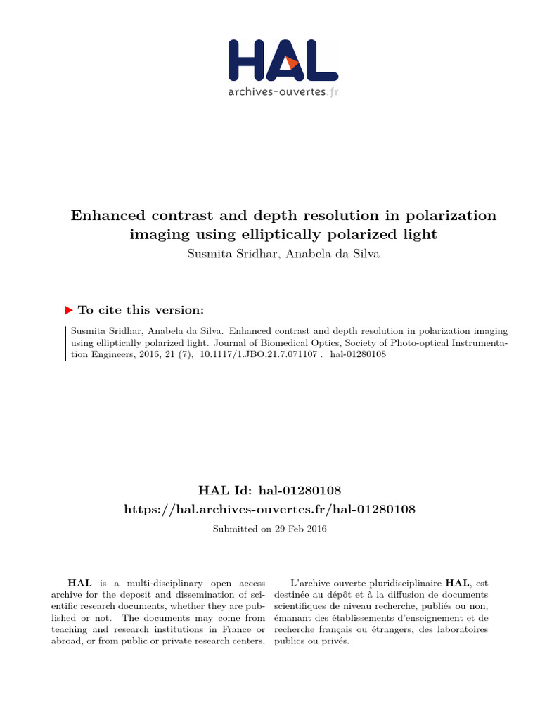 Enhanced Contrast and Depth Resolution in Polarization 2016 | PDF ...