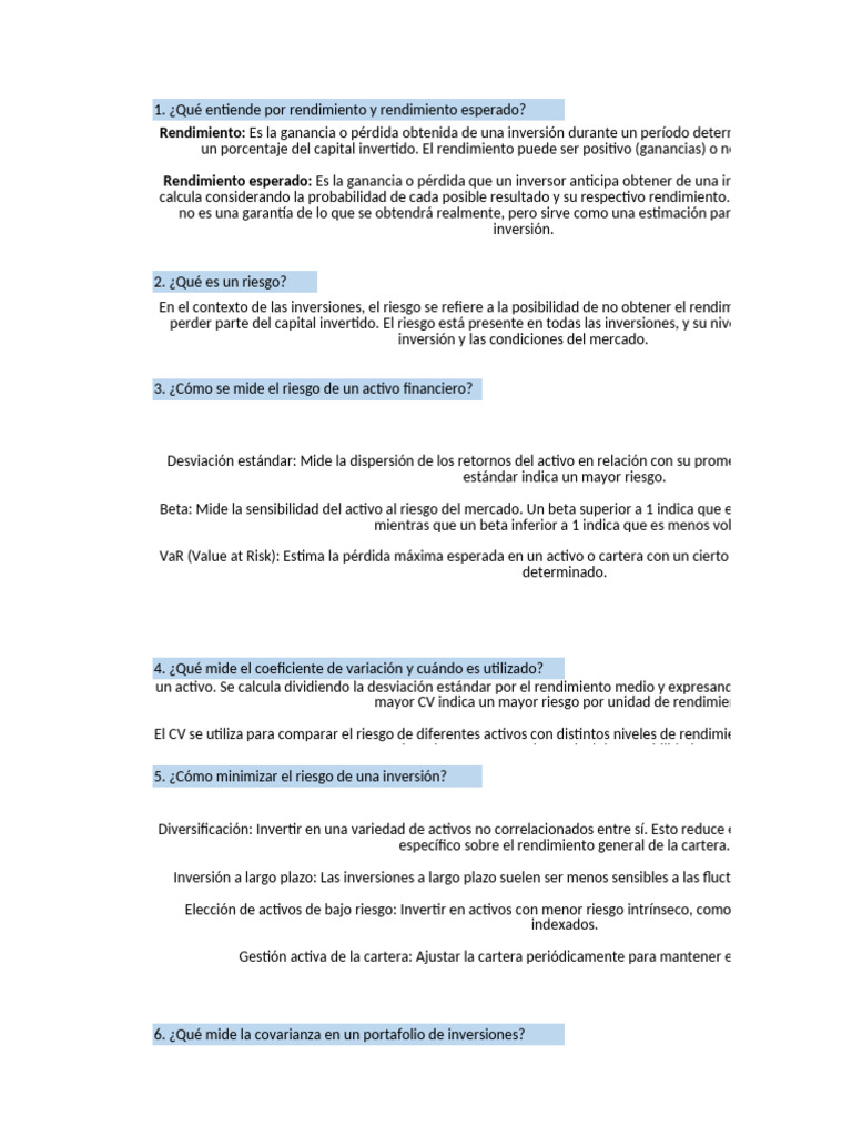 Riesgo y Rendimiento en Inversiones Financieras | PDF | Portafolio ...