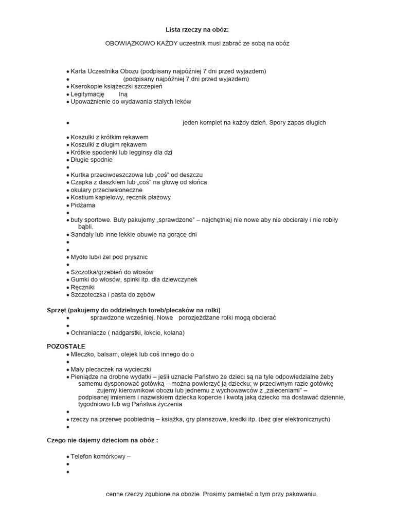 Lista Rzeczy Na Obóz | PDF