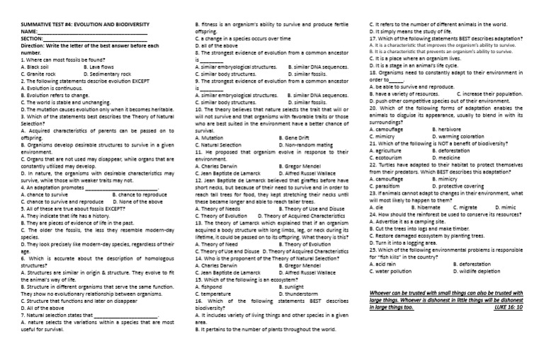Evolution and Biodiversity Test Questions | PDF | Evolution | Adaptation