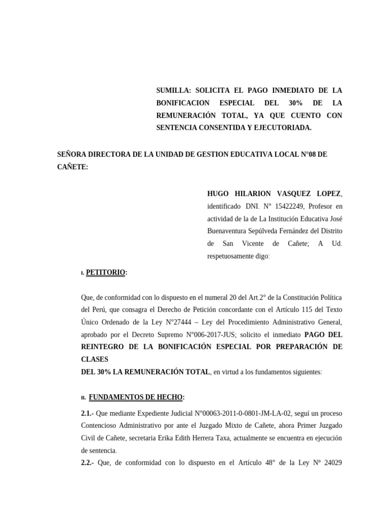 Escrito Solicitando El Inmediato Pago Del 30 Hugo Hilarion Vasquez ...
